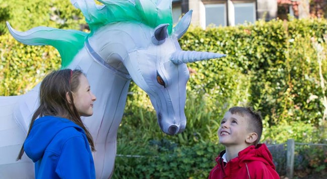 Children from Corstorphine Primary School come face to face with one of the Unicorns at Edinburgh Zoo