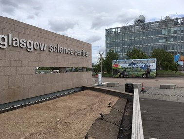 Wild about Scotland bus parked up outside the Glasgow Science Centre